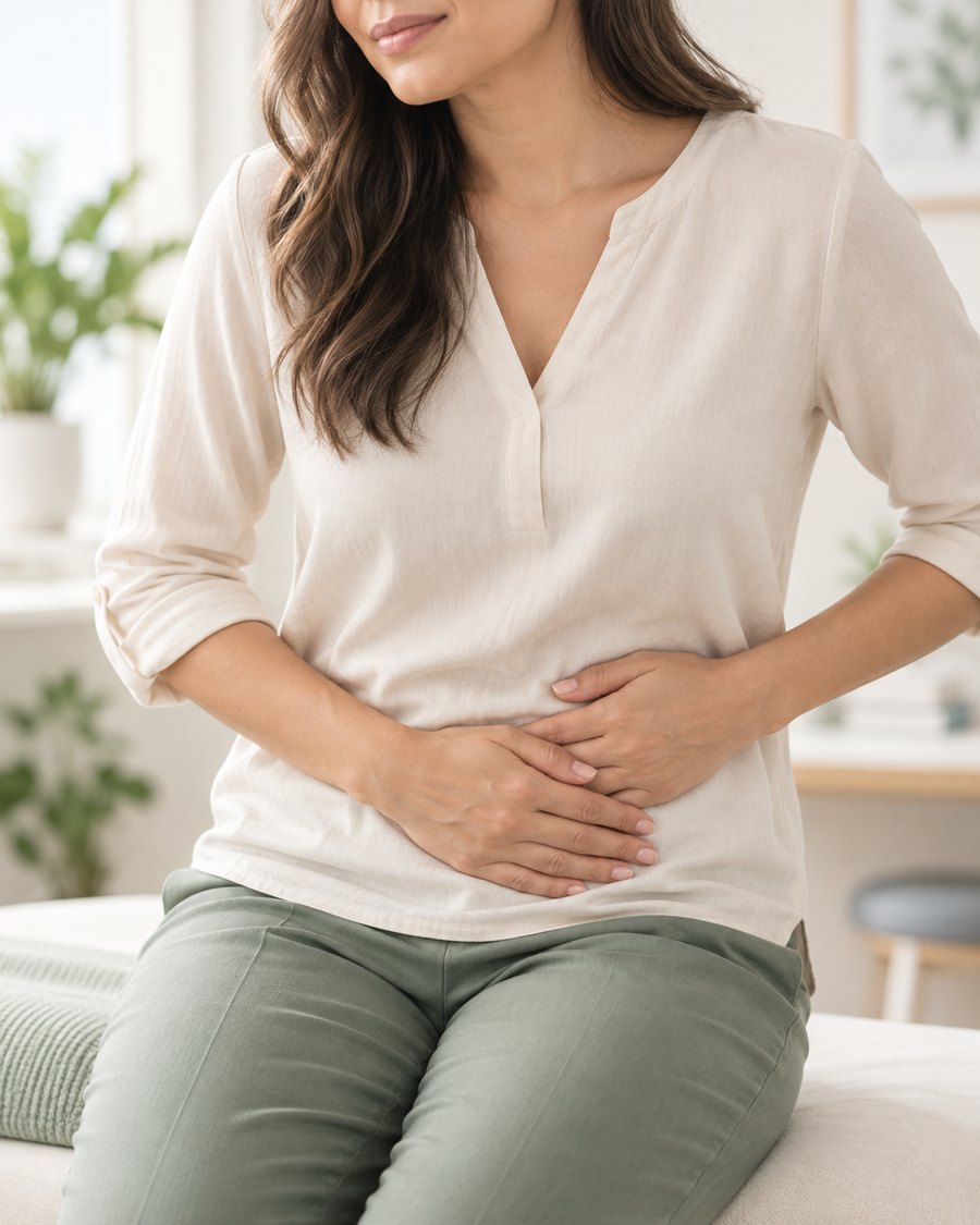 A woman sitting on a treatment table with both hands resting on her stomach