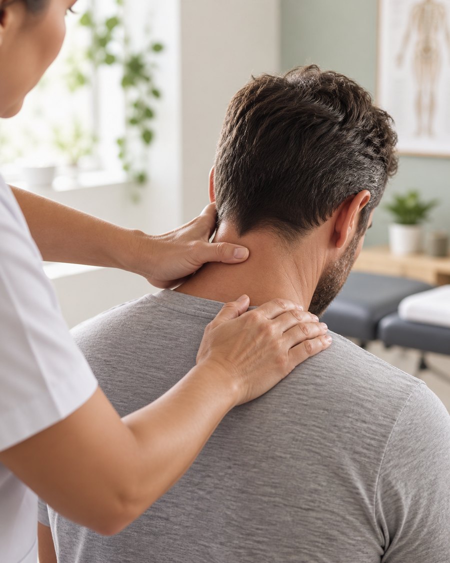 A practitioner working along someone's neck and shoulder in a treatment room