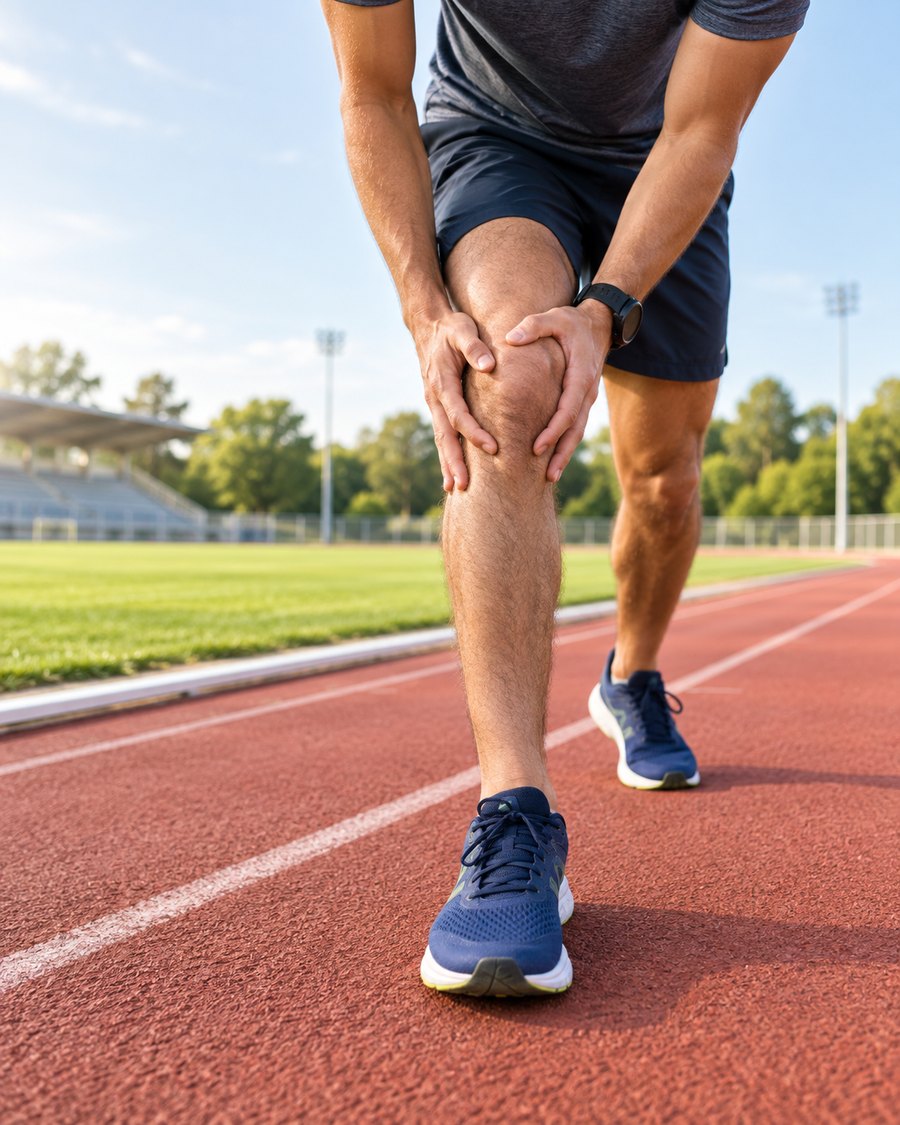 A runner on an outdoor track, stopped and holding one knee