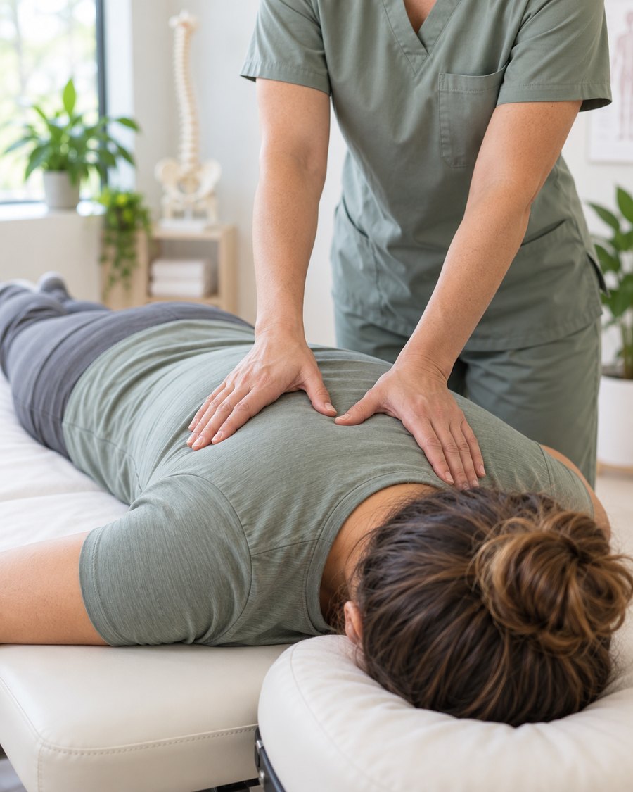 A practitioner working along someone's upper back on a treatment table