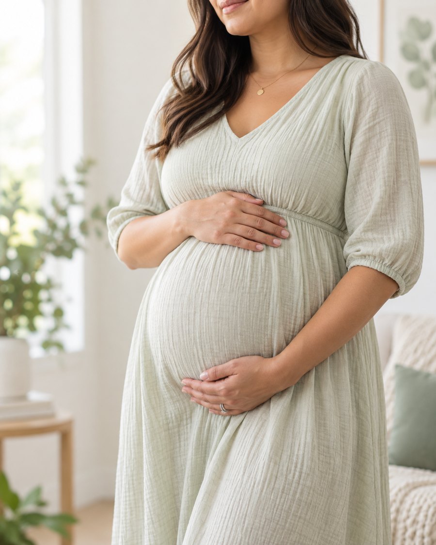A pregnant woman in a pale linen dress, hands resting on her bump