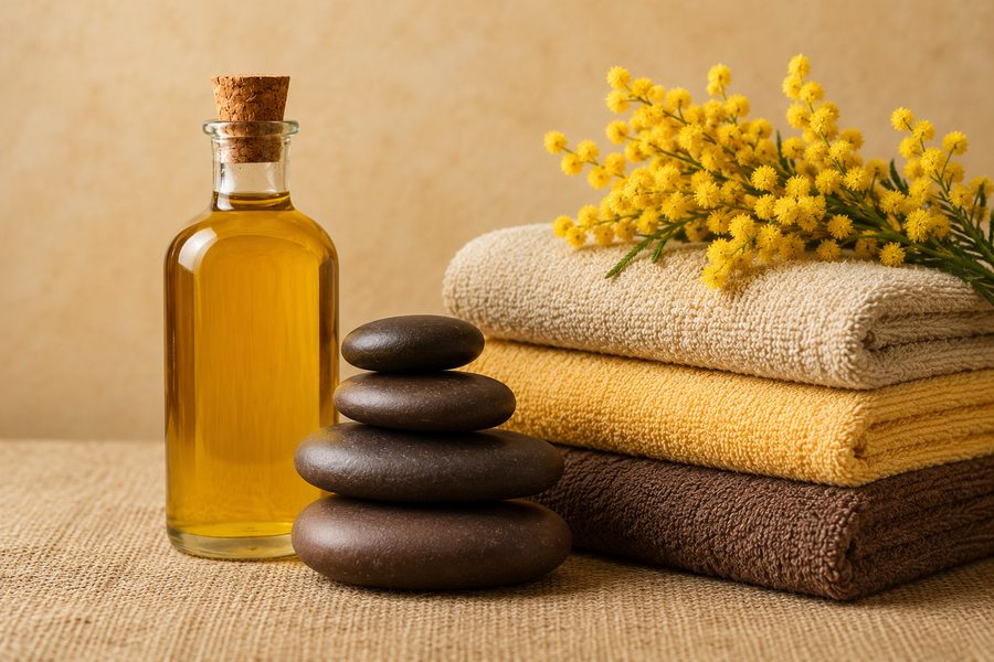 Massage oil, stacked basalt stones, folded towels and yellow mimosa on a linen cloth